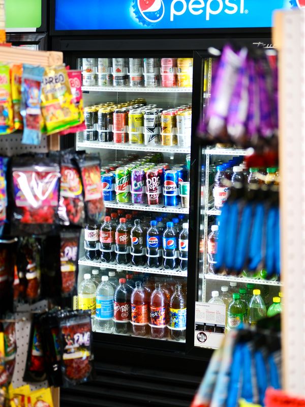 Red Mountain Vending machine fully stocked with cold drinks and snacks